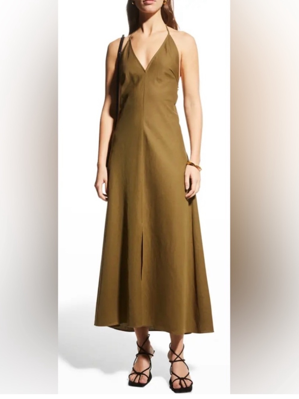 FRAME Olive Green Lace Up Back Halter Linen Maxi Dress large